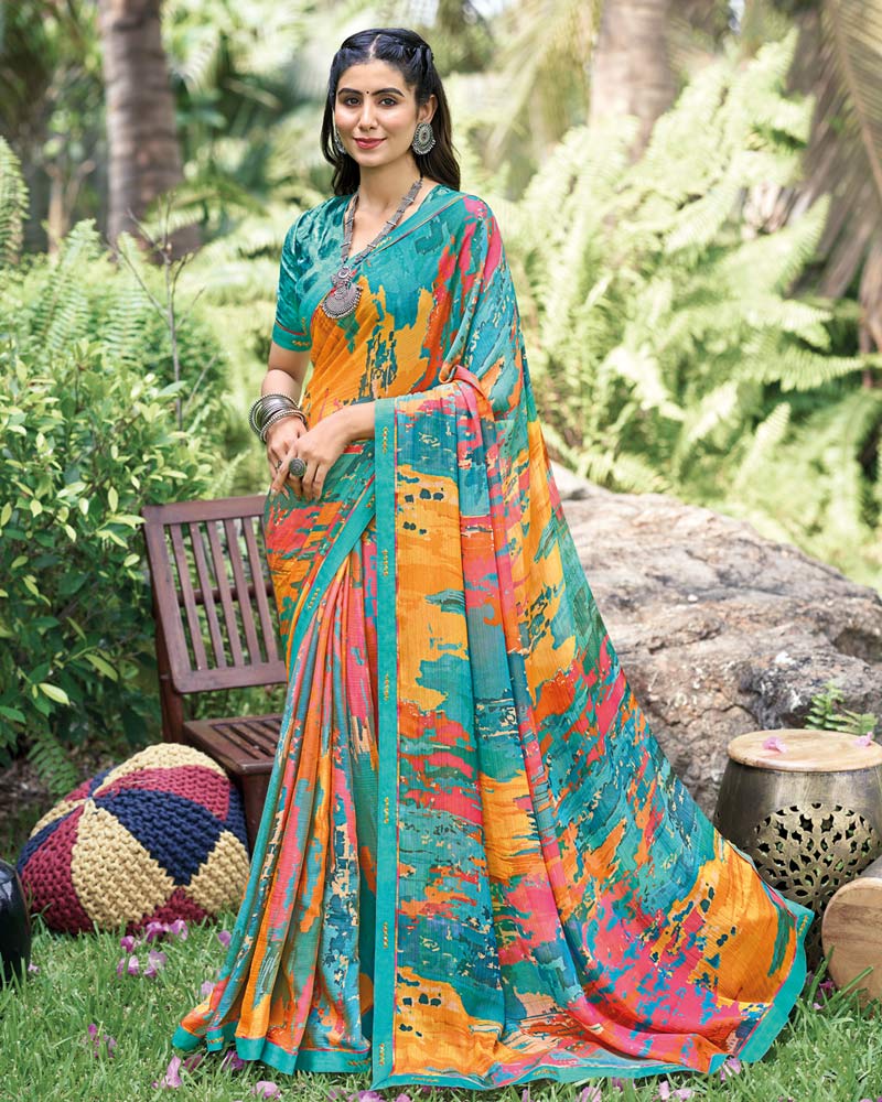 Vishal Prints Dark Turquoise Blue Fancy Chiffon Digital Print Saree With Border