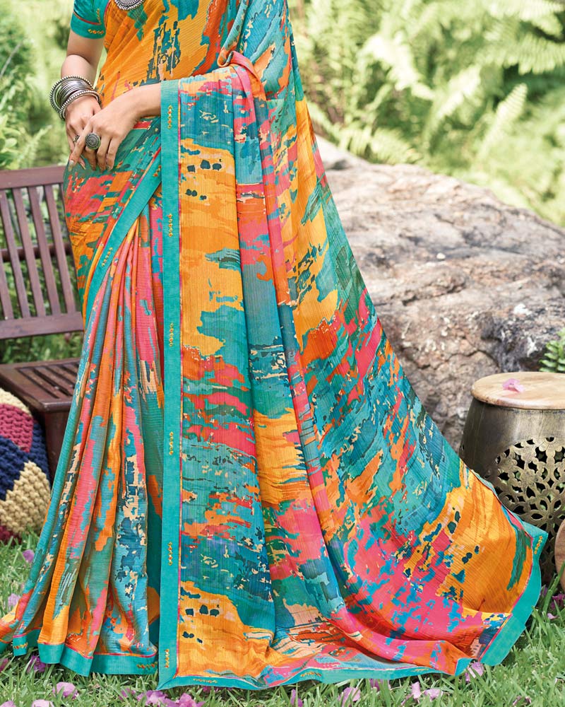 Vishal Prints Dark Turquoise Blue Fancy Chiffon Digital Print Saree With Border