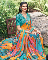 Vishal Prints Dark Turquoise Blue Fancy Chiffon Digital Print Saree With Border
