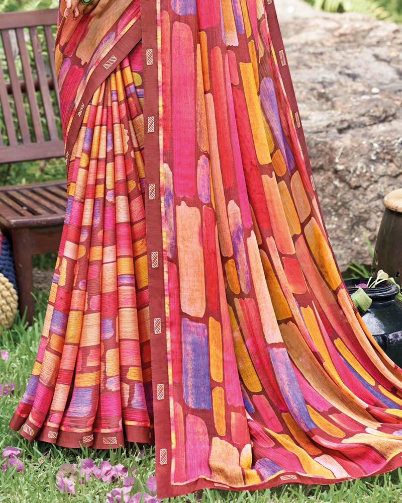 Vishal Prints Tosca Red Fancy Chiffon Digital Print Saree With Border