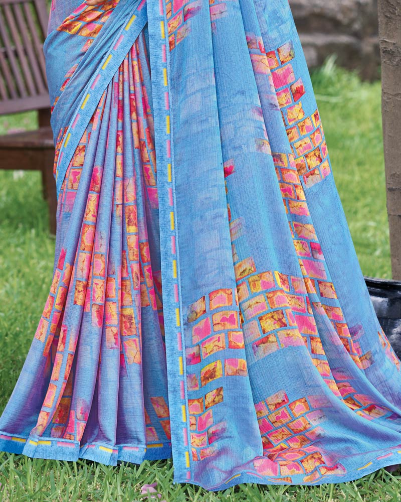Vishal Prints Regent Blue Fancy Chiffon Digital Print Saree With Border