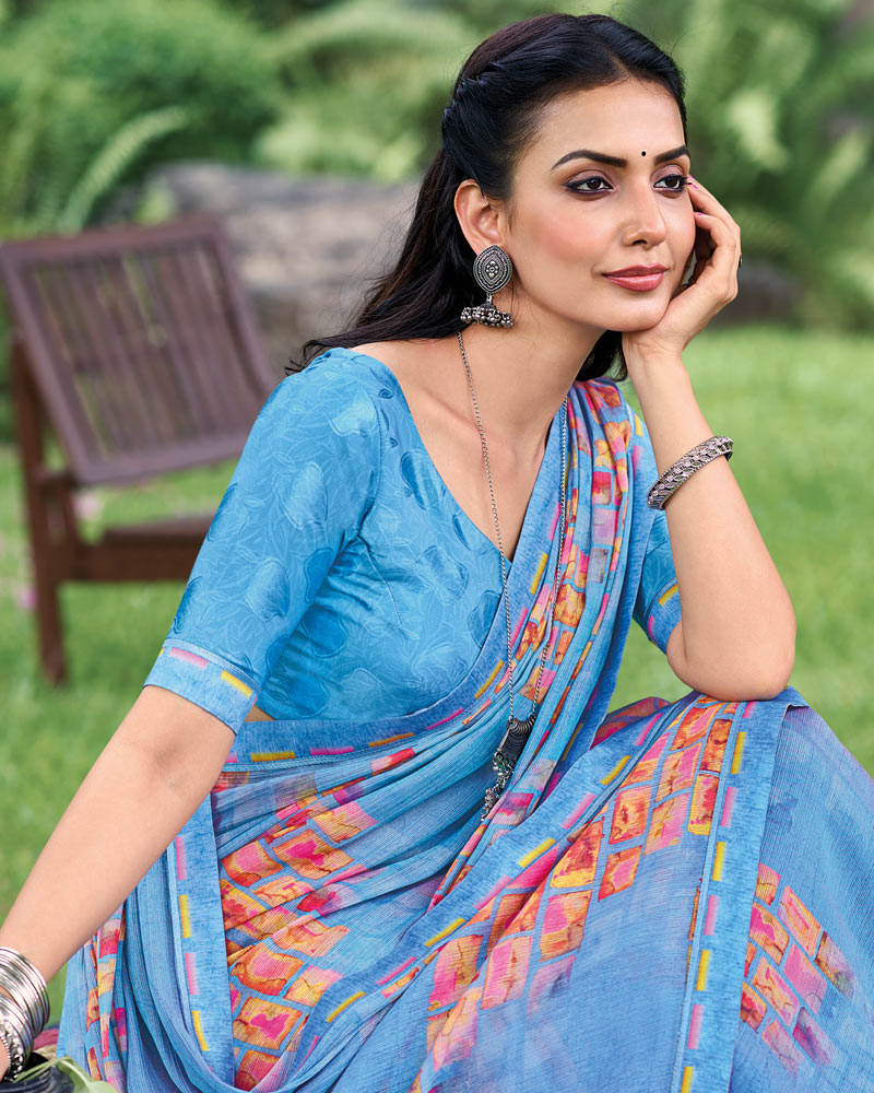 Vishal Prints Regent Blue Fancy Chiffon Digital Print Saree With Border