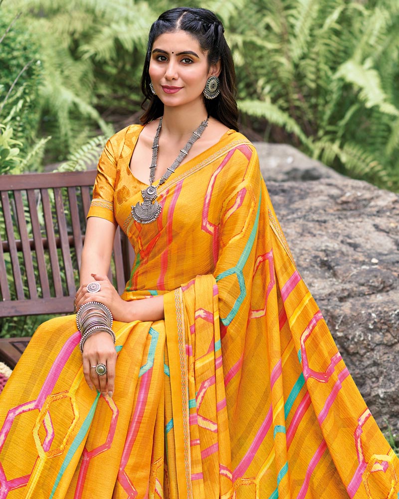 Vishal Prints Mustard Fancy Chiffon Digital Print Saree With Border