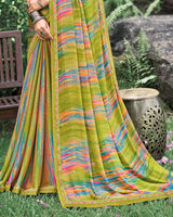 Vishal Prints Olive Green Fancy Chiffon Digital Print Saree With Border