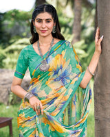 Vishal Prints Aqua Green Fancy Chiffon Digital Print Saree With Border