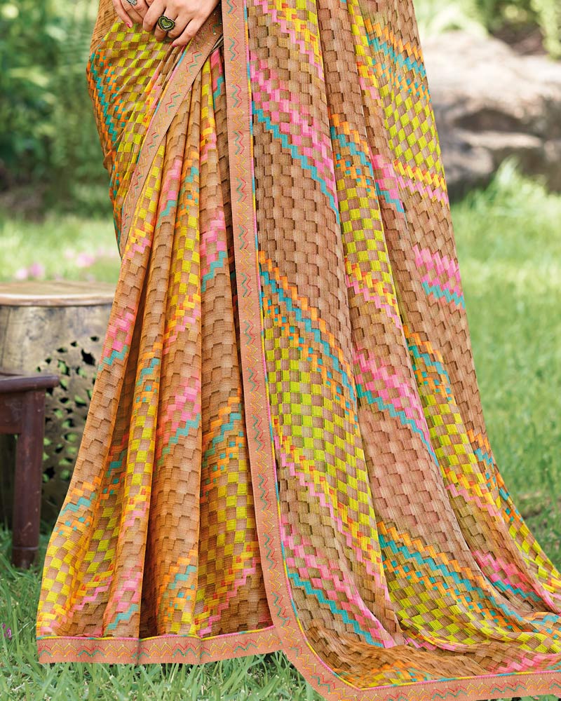 Vishal Prints Light Brown Fancy Chiffon Digital Print Saree With Border