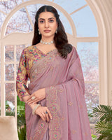 Vishal Prints Light Mauve Designer Fancy Satin-Chiffon Saree With Embroidery-Diamond Work And Cut Work Border