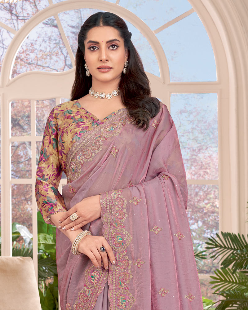 Vishal Prints Light Mauve Designer Fancy Satin-Chiffon Saree With Embroidery-Diamond Work And Cut Work Border