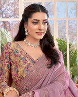 Vishal Prints Light Mauve Designer Fancy Satin-Chiffon Saree With Embroidery-Diamond Work And Cut Work Border