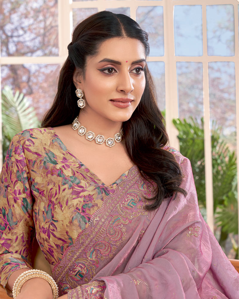 Vishal Prints Light Mauve Designer Fancy Satin-Chiffon Saree With Embroidery-Diamond Work And Cut Work Border