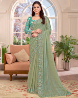 Vishal Prints Light Olive Green Designer Fancy Satin-Chiffon Saree With Embroidery-Diamond Work And Cut Work Border