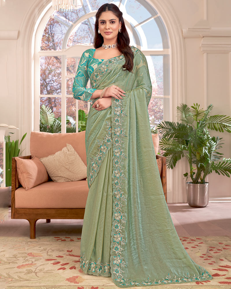 Vishal Prints Light Olive Green Designer Fancy Satin-Chiffon Saree With Embroidery-Diamond Work And Cut Work Border