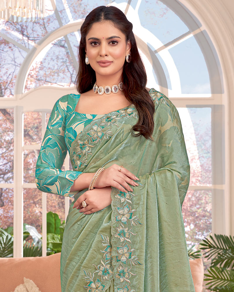 Vishal Prints Light Olive Green Designer Fancy Satin-Chiffon Saree With Embroidery-Diamond Work And Cut Work Border