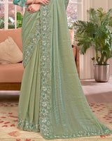 Vishal Prints Light Olive Green Designer Fancy Satin-Chiffon Saree With Embroidery-Diamond Work And Cut Work Border