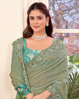 Vishal Prints Light Olive Green Designer Fancy Satin-Chiffon Saree With Embroidery-Diamond Work And Cut Work Border