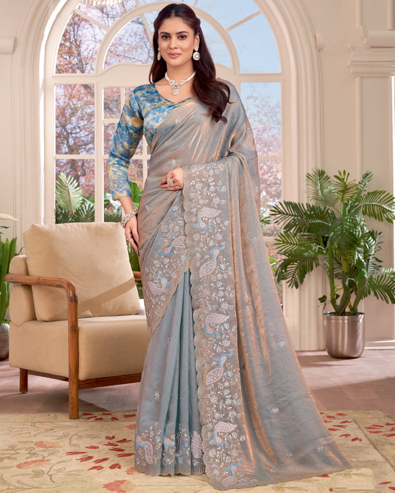Vishal Prints Pinkish Grey Designer Fancy Satin-Chiffon Saree With Embroidery-Diamond Work And Cut Work Border