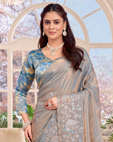Vishal Prints Pinkish Grey Designer Fancy Satin-Chiffon Saree With Embroidery-Diamond Work And Cut Work Border