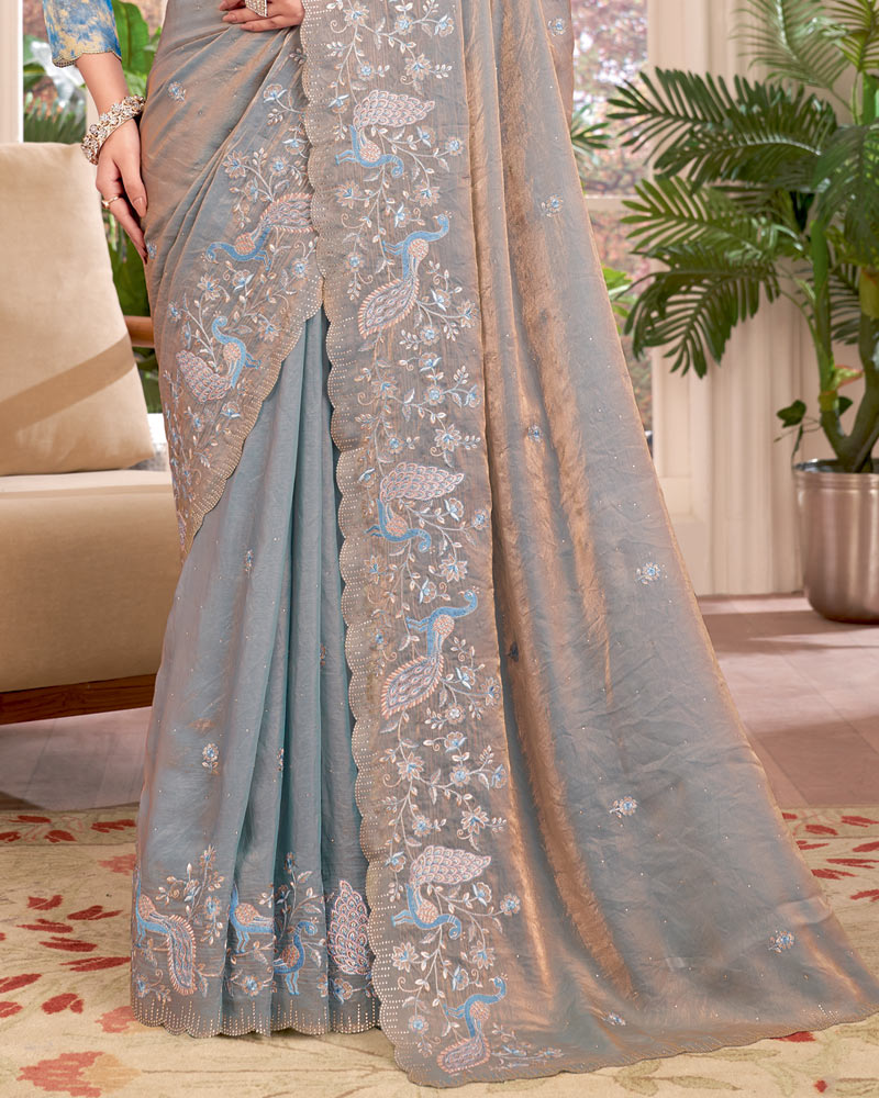 Vishal Prints Pinkish Grey Designer Fancy Satin-Chiffon Saree With Embroidery-Diamond Work And Cut Work Border