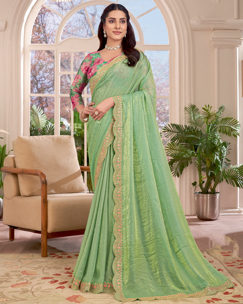Vishal Prints Pistachio Green Designer Fancy Satin-Chiffon Saree With Embroidery-Diamond Work And Cut Work Border