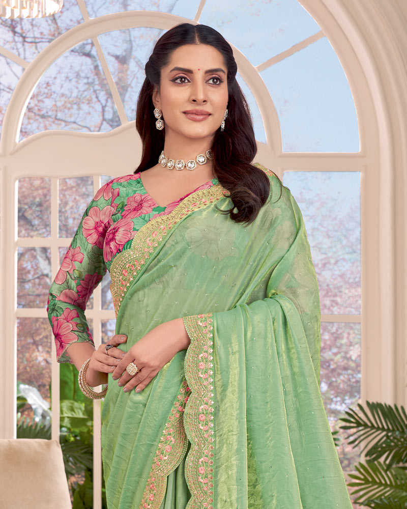 Vishal Prints Pistachio Green Designer Fancy Satin-Chiffon Saree With Embroidery-Diamond Work And Cut Work Border