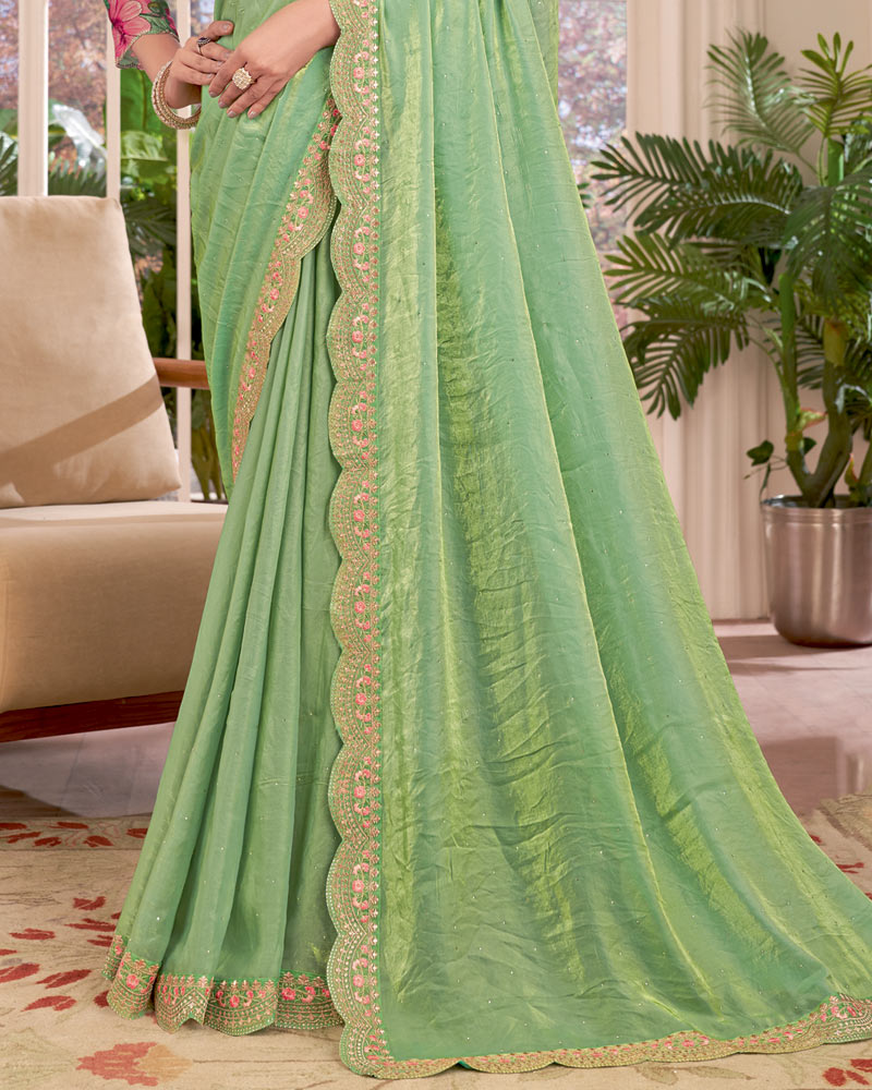 Vishal Prints Pistachio Green Designer Fancy Satin-Chiffon Saree With Embroidery-Diamond Work And Cut Work Border
