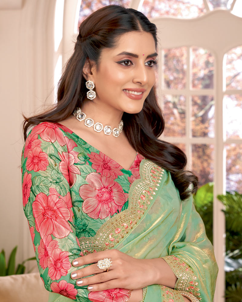 Vishal Prints Pistachio Green Designer Fancy Satin-Chiffon Saree With Embroidery-Diamond Work And Cut Work Border