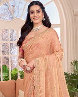 Vishal Prints Light Pastel Orange Designer Fancy Satin-Chiffon Saree With Embroidery-Diamond Work And Cut Work Border