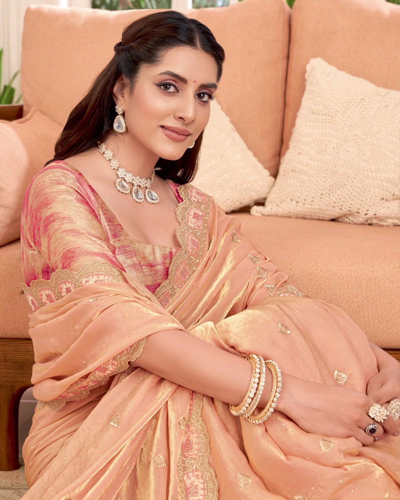 Vishal Prints Light Pastel Orange Designer Fancy Satin-Chiffon Saree With Embroidery-Diamond Work And Cut Work Border