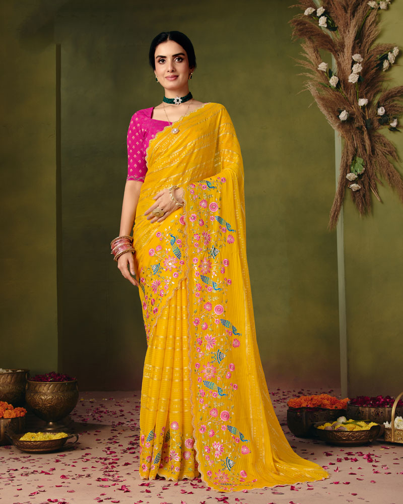Vishal Prints Dark Burnt Yellow Designer Patterned Chiffon Saree With Embroidery-Diamond Work And Cut Work Border