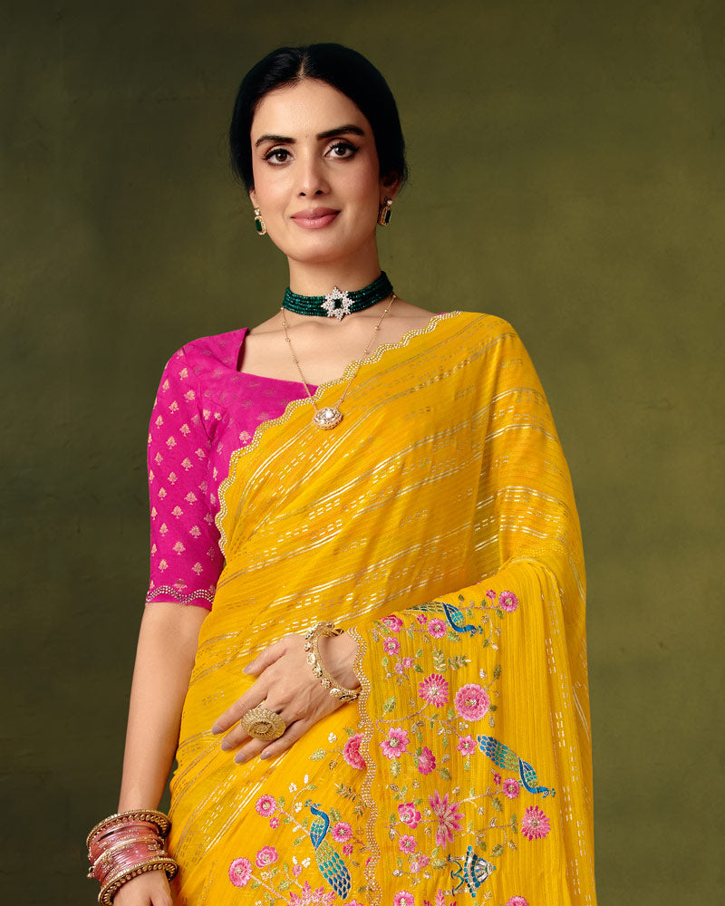 Vishal Prints Dark Burnt Yellow Designer Patterned Chiffon Saree With Embroidery-Diamond Work And Cut Work Border