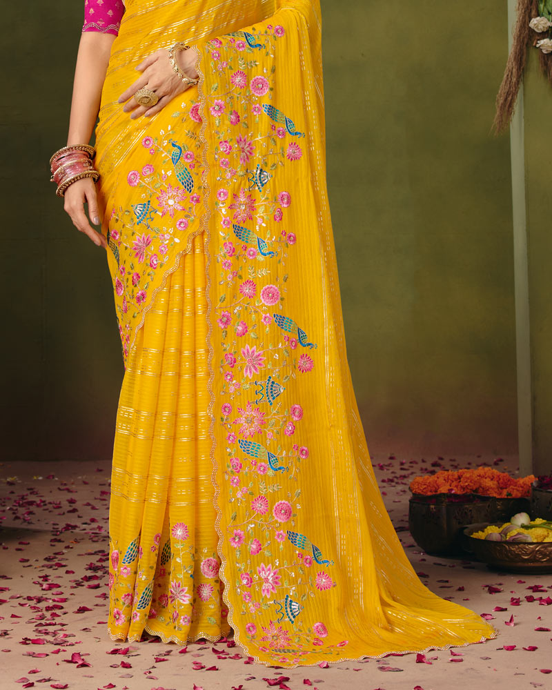 Vishal Prints Dark Burnt Yellow Designer Patterned Chiffon Saree With Embroidery-Diamond Work And Cut Work Border