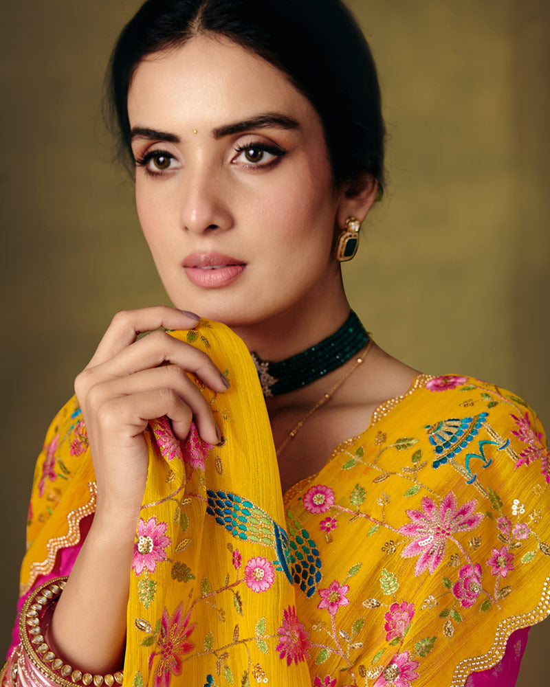 Vishal Prints Dark Burnt Yellow Designer Patterned Chiffon Saree With Embroidery-Diamond Work And Cut Work Border