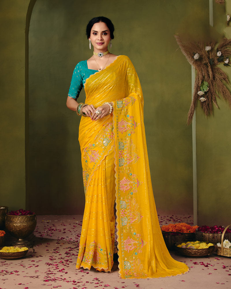 Vishal Prints Dark Yellow Designer Patterned Chiffon Saree With Embroidery-Diamond Work And Cut Work Border