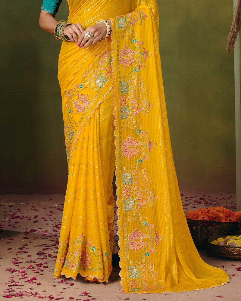 Vishal Prints Dark Yellow Designer Patterned Chiffon Saree With Embroidery-Diamond Work And Cut Work Border