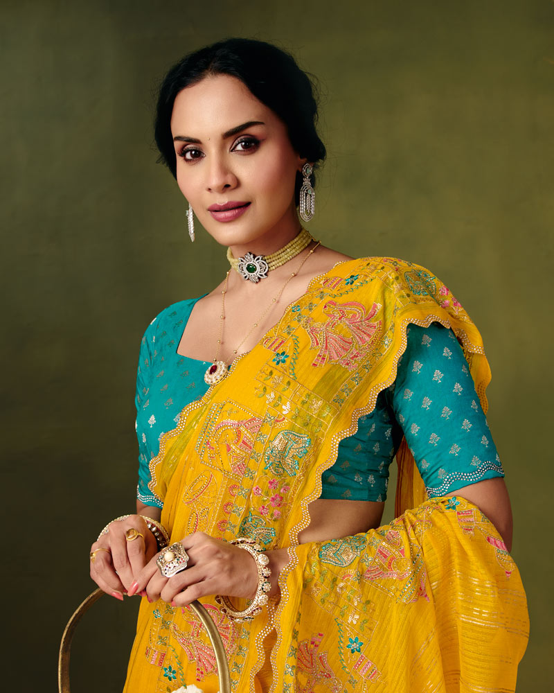 Vishal Prints Dark Yellow Designer Patterned Chiffon Saree With Embroidery-Diamond Work And Cut Work Border