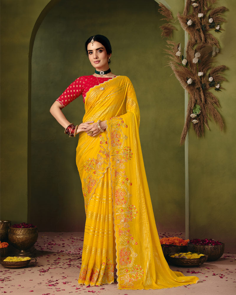 Vishal Prints Golden Yellow Designer Patterned Chiffon Saree With Embroidery-Diamond Work And Cut Work Border