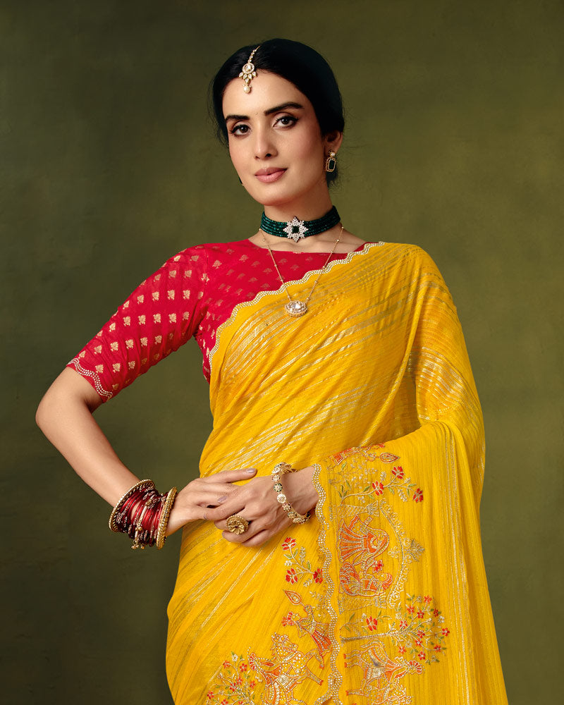 Vishal Prints Golden Yellow Designer Patterned Chiffon Saree With Embroidery-Diamond Work And Cut Work Border