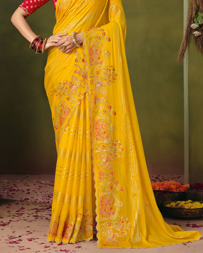 Vishal Prints Golden Yellow Designer Patterned Chiffon Saree With Embroidery-Diamond Work And Cut Work Border