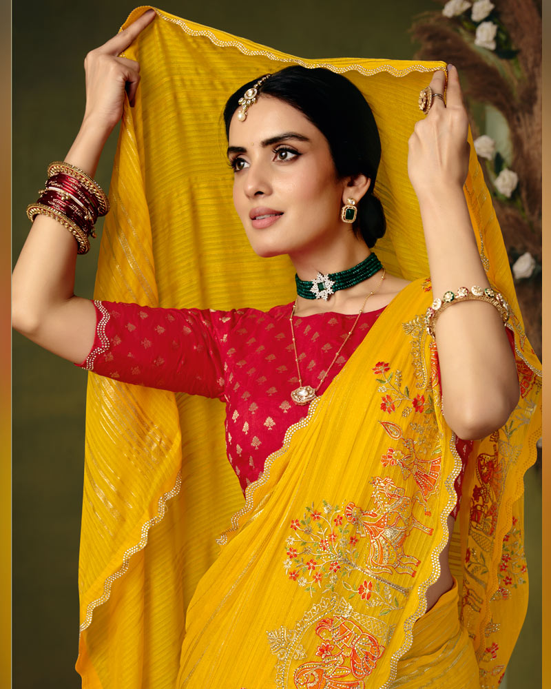 Vishal Prints Golden Yellow Designer Patterned Chiffon Saree With Embroidery-Diamond Work And Cut Work Border