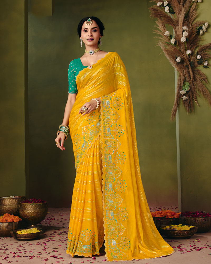 Vishal Prints Chrome Yellow Designer Patterned Chiffon Saree With Embroidery-Diamond Work And Cut Work Border