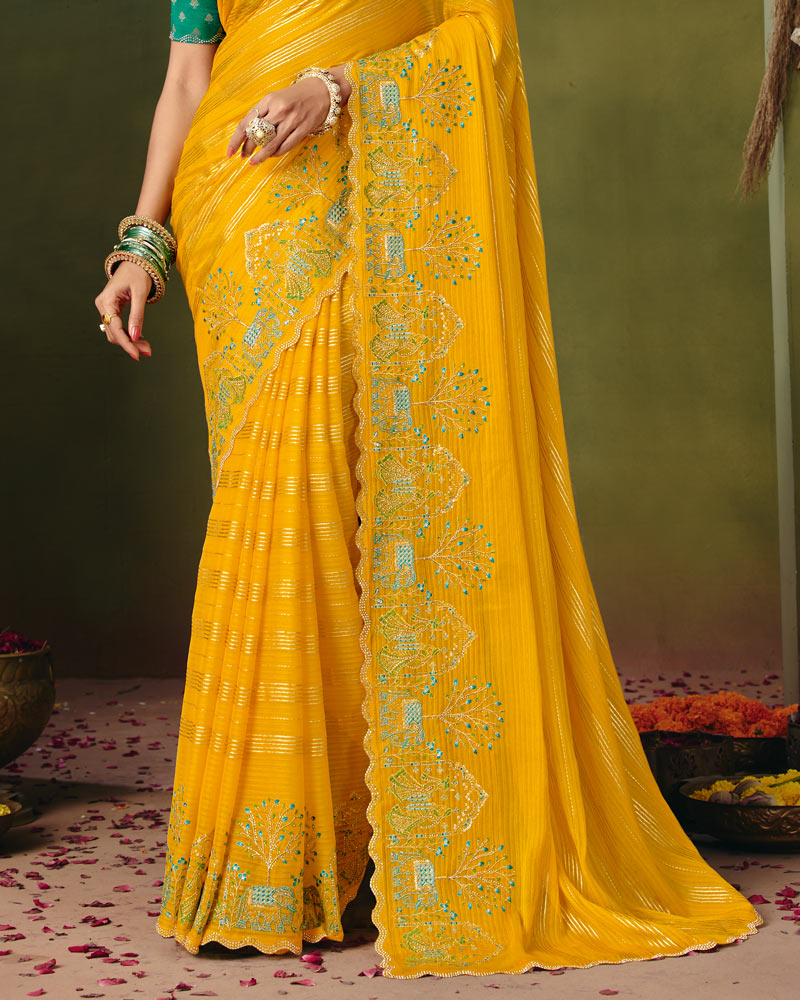 Vishal Prints Chrome Yellow Designer Patterned Chiffon Saree With Embroidery-Diamond Work And Cut Work Border