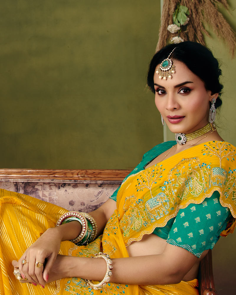 Vishal Prints Chrome Yellow Designer Patterned Chiffon Saree With Embroidery-Diamond Work And Cut Work Border