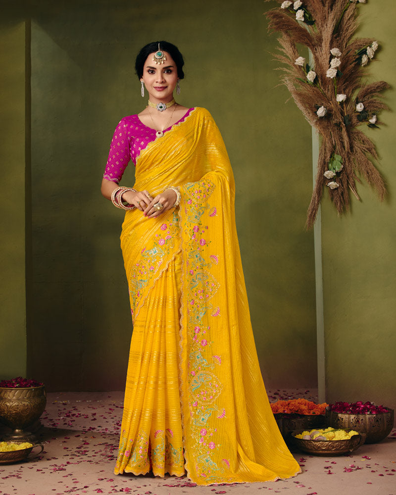 Vishal Prints Amber Yellow Designer Patterned Chiffon Saree With Embroidery-Diamond Work And Cut Work Border