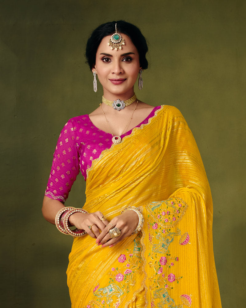 Vishal Prints Amber Yellow Designer Patterned Chiffon Saree With Embroidery-Diamond Work And Cut Work Border