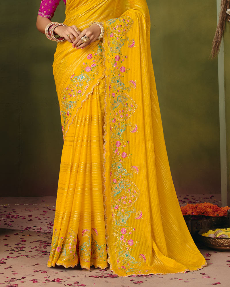 Vishal Prints Amber Yellow Designer Patterned Chiffon Saree With Embroidery-Diamond Work And Cut Work Border