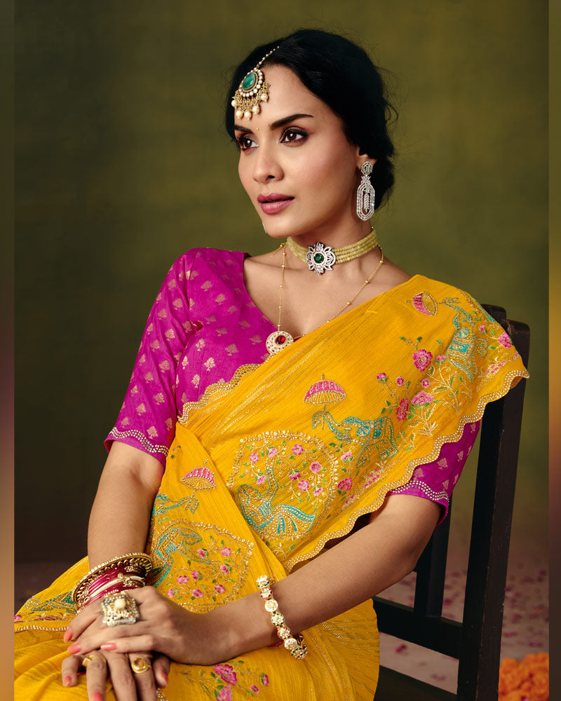 Vishal Prints Amber Yellow Designer Patterned Chiffon Saree With Embroidery-Diamond Work And Cut Work Border