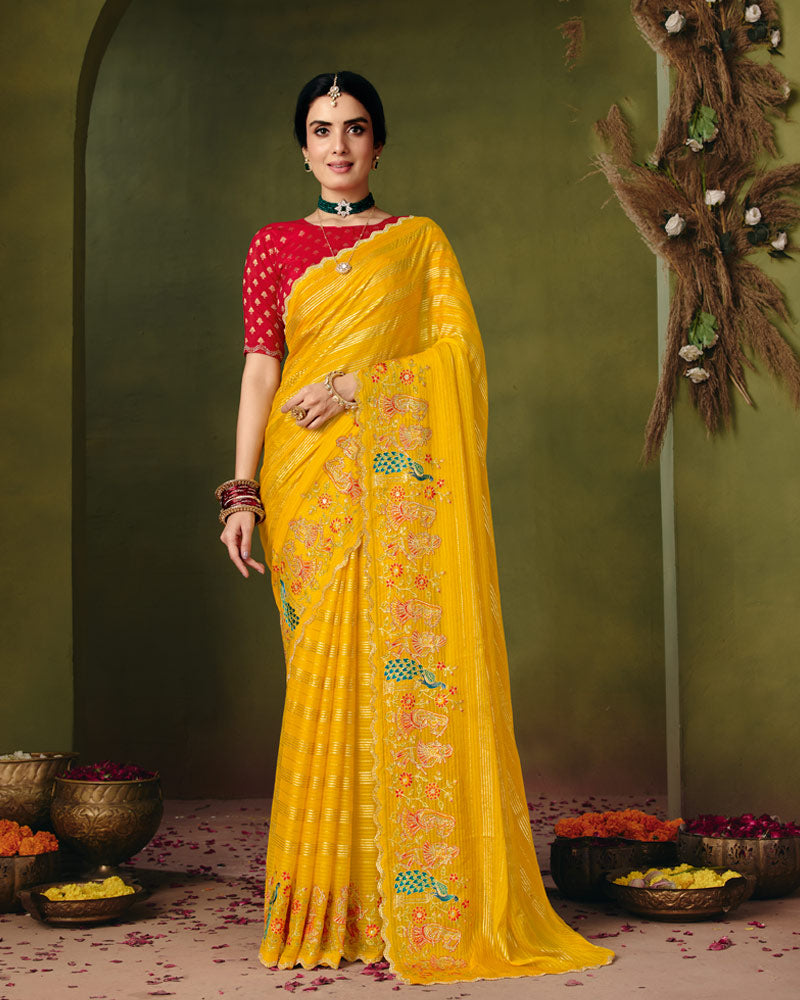 Vishal Prints Dark Golden Yellow Designer Patterned Chiffon Saree With Embroidery-Diamond Work And Cut Work Border