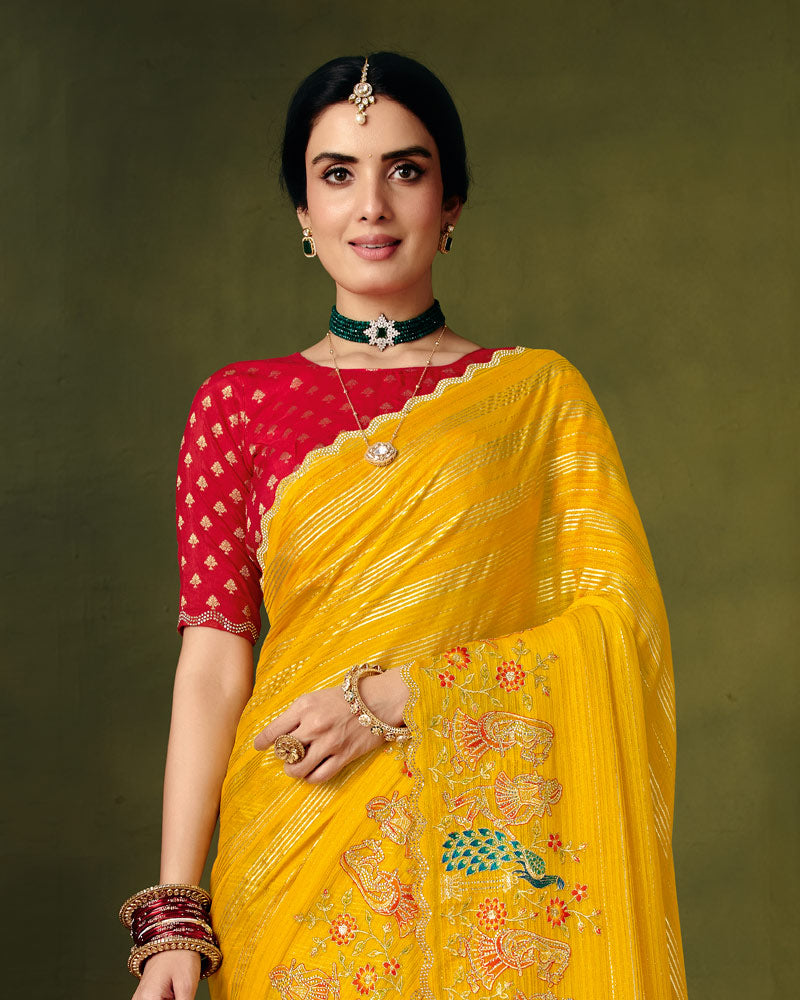 Vishal Prints Dark Golden Yellow Designer Patterned Chiffon Saree With Embroidery-Diamond Work And Cut Work Border