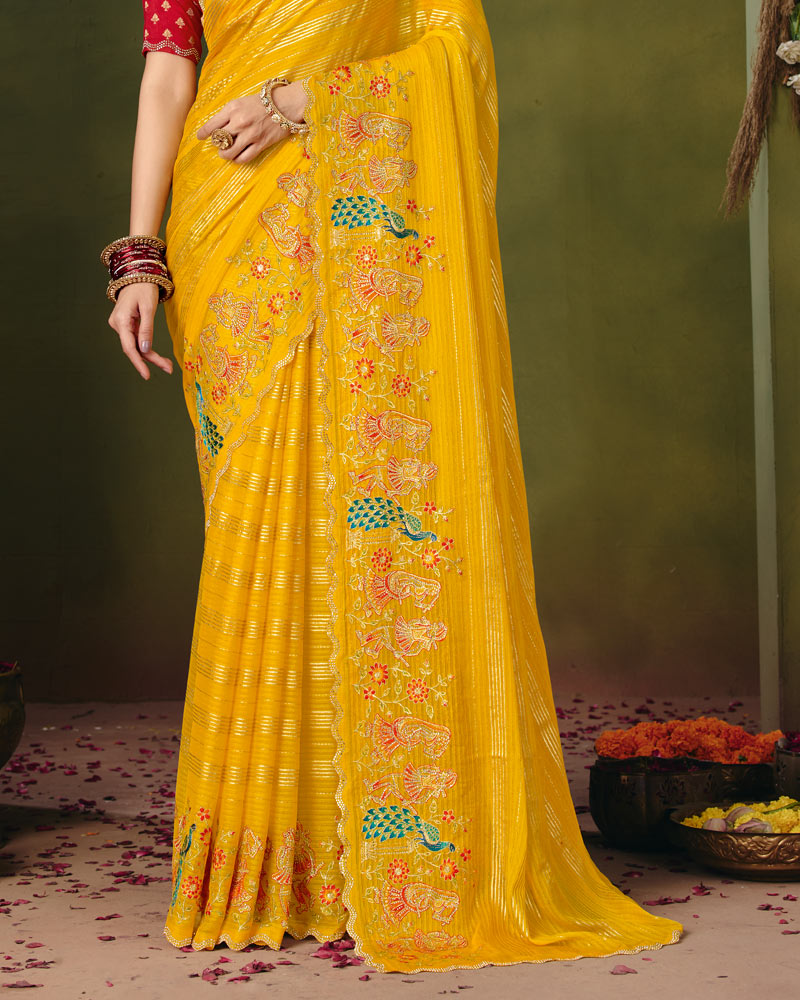 Vishal Prints Dark Golden Yellow Designer Patterned Chiffon Saree With Embroidery-Diamond Work And Cut Work Border