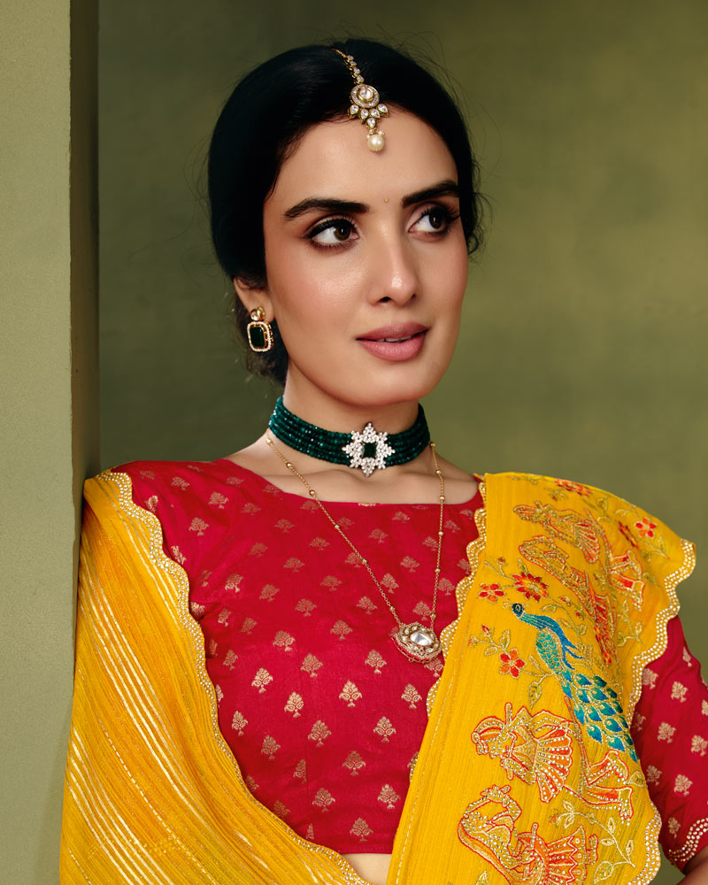 Vishal Prints Dark Golden Yellow Designer Patterned Chiffon Saree With Embroidery-Diamond Work And Cut Work Border